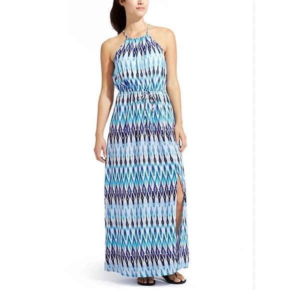Athleta Sunset Maxi Dress Women's Size S Blue Rayon Halter Sleeveless Side Slit - Picture 7 of 7